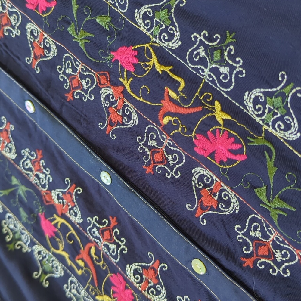 ANTHRO I Boho Navy Blue Plein Air Floral Embroidered Shirt Dress by Tiny, S - Picture 4 of 16